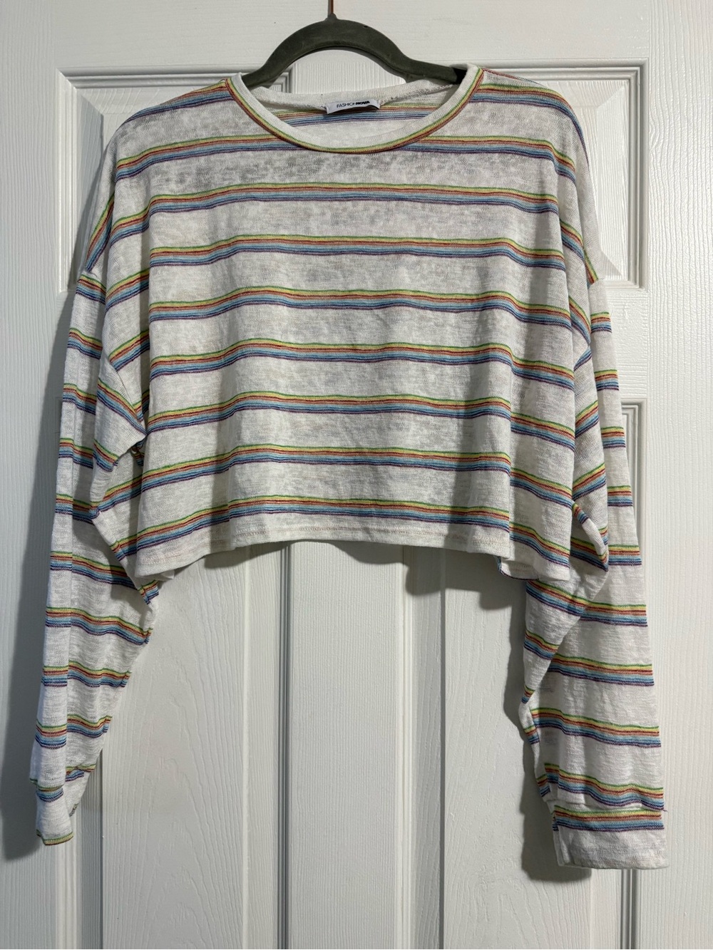 Striped Cropped Long-Sleeve Top - White with Multicolor Stripes